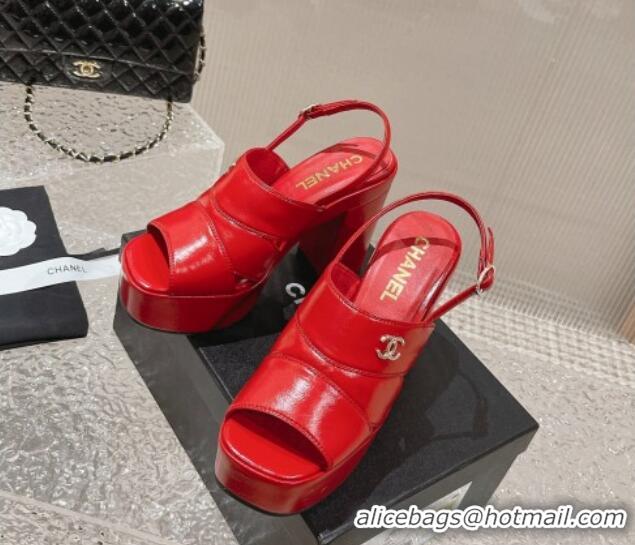 Good Quality Chanel Patent Calfskin Platform Sandals Bright Red 126084