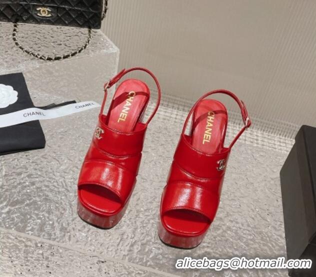 Good Quality Chanel Patent Calfskin Platform Sandals Bright Red 126084