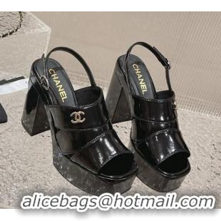 Pretty Style Chanel Patent Calfskin Platform Sandals Black 126086