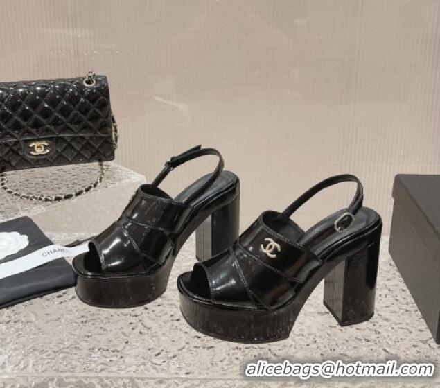 Pretty Style Chanel Patent Calfskin Platform Sandals Black 126086