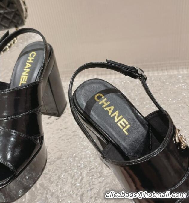 Pretty Style Chanel Patent Calfskin Platform Sandals Black 126086