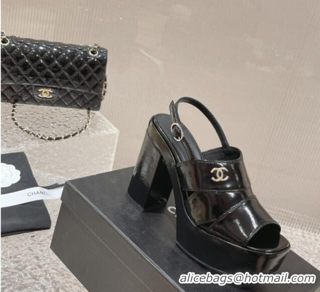 Pretty Style Chanel Patent Calfskin Platform Sandals Black 126086