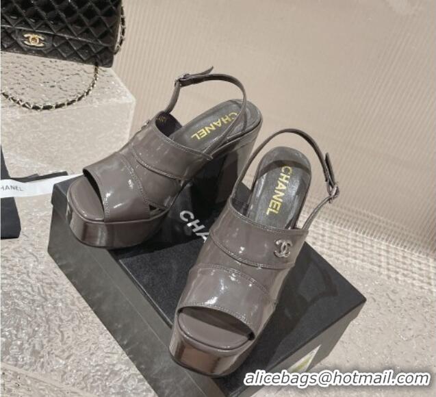 Classic Hot Chanel Patent Calfskin Platform Sandals Grey 126087