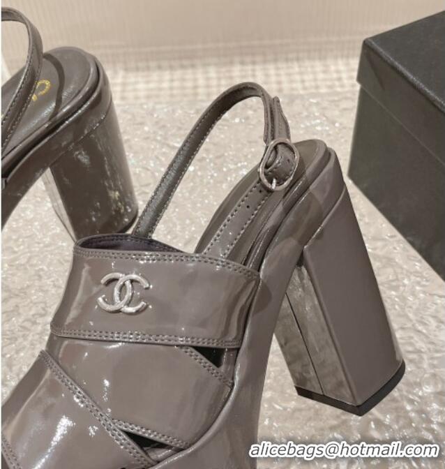 Classic Hot Chanel Patent Calfskin Platform Sandals Grey 126087