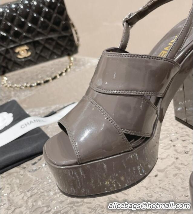 Classic Hot Chanel Patent Calfskin Platform Sandals Grey 126087