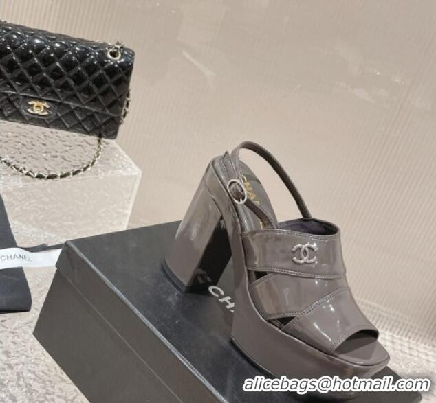 Classic Hot Chanel Patent Calfskin Platform Sandals Grey 126087