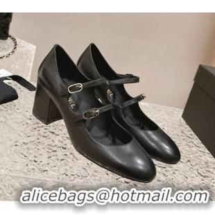 Luxurious Chanel Calfskin Double Strap Mary Janes Pumps Black 126089