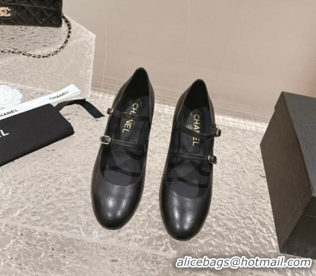 Luxurious Chanel Calfskin Double Strap Mary Janes Pumps Black 126089