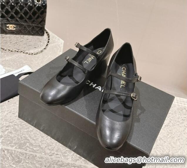 Luxurious Chanel Calfskin Double Strap Mary Janes Pumps Black 126089