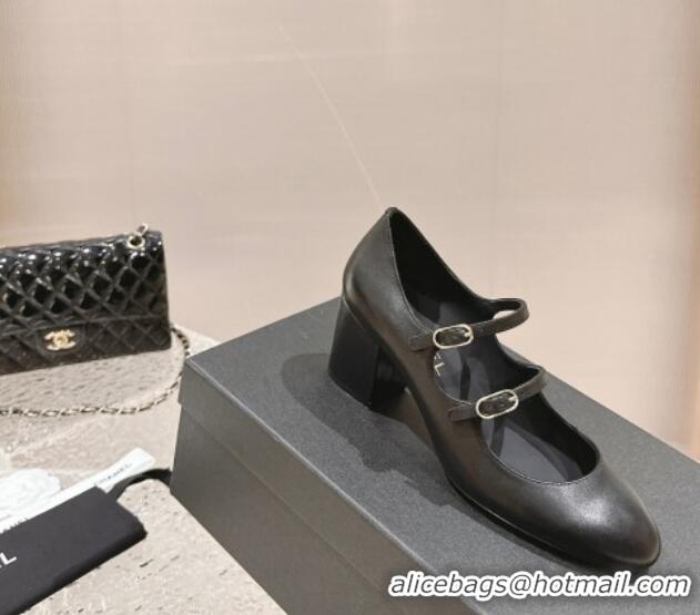 Luxurious Chanel Calfskin Double Strap Mary Janes Pumps Black 126089