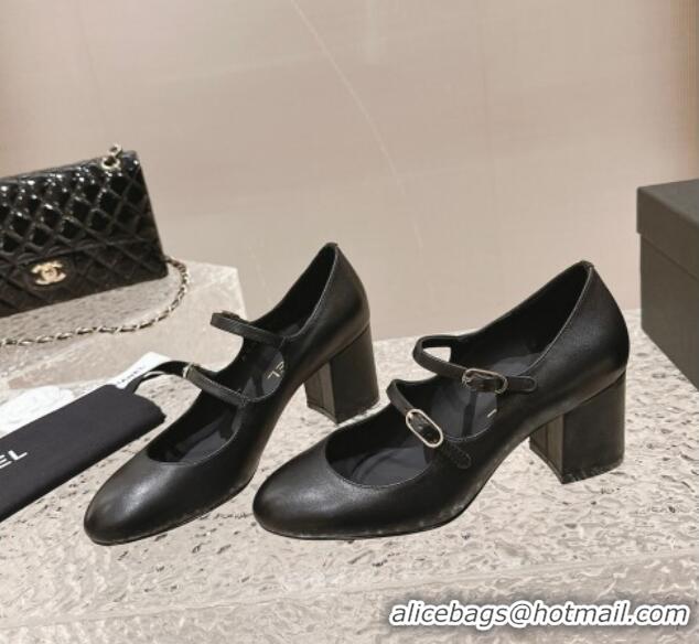 Luxurious Chanel Calfskin Double Strap Mary Janes Pumps Black 126089