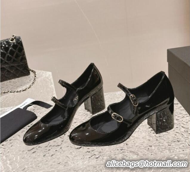 Fashion Chanel Patent Leather Double Strap Mary Janes Pumps Black 0126090