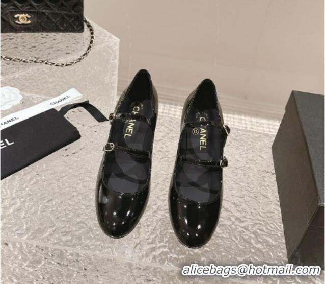 Fashion Chanel Patent Leather Double Strap Mary Janes Pumps Black 0126090