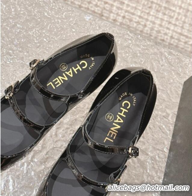 Fashion Chanel Patent Leather Double Strap Mary Janes Pumps Black 0126090