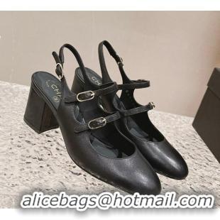 Unique Style Chanel Calfskin Double Strap Mary Jane Slingback Pumps Black 0126088