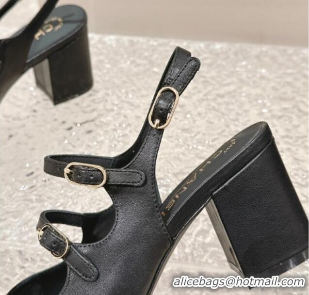 Unique Style Chanel Calfskin Double Strap Mary Jane Slingback Pumps Black 0126088