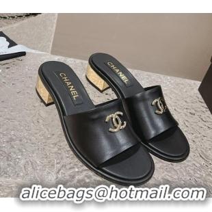 Duplicate Chanel Lambskin Slide Sandals 5cm with Gold-Tone Heel Black 126092