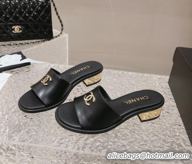 Duplicate Chanel Lambskin Slide Sandals 5cm with Gold-Tone Heel Black 126092