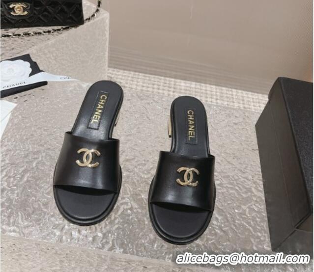 Duplicate Chanel Lambskin Slide Sandals 5cm with Gold-Tone Heel Black 126092