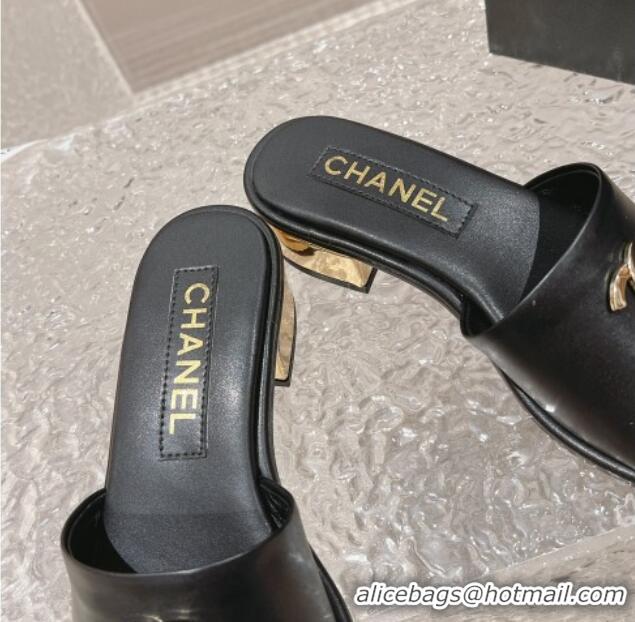 Duplicate Chanel Lambskin Slide Sandals 5cm with Gold-Tone Heel Black 126092