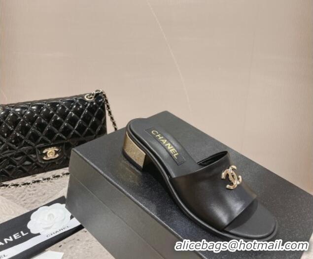 Duplicate Chanel Lambskin Slide Sandals 5cm with Gold-Tone Heel Black 126092