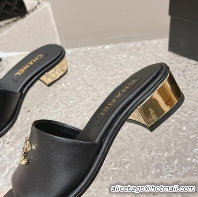 Duplicate Chanel Lambskin Slide Sandals 5cm with Gold-Tone Heel Black 126092