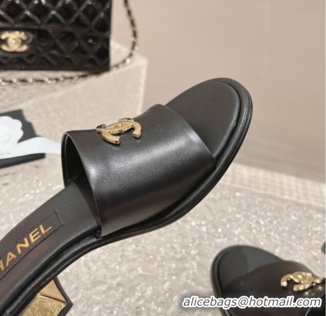 Duplicate Chanel Lambskin Slide Sandals 5cm with Gold-Tone Heel Black 126092