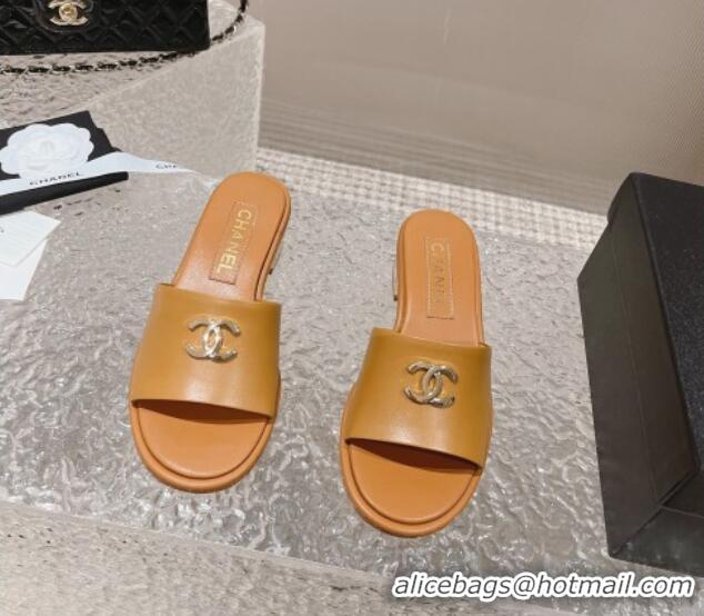 Grade Quality Chanel Lambskin Slide Sandals 5cm with Gold-Tone Heel Apricot 126093