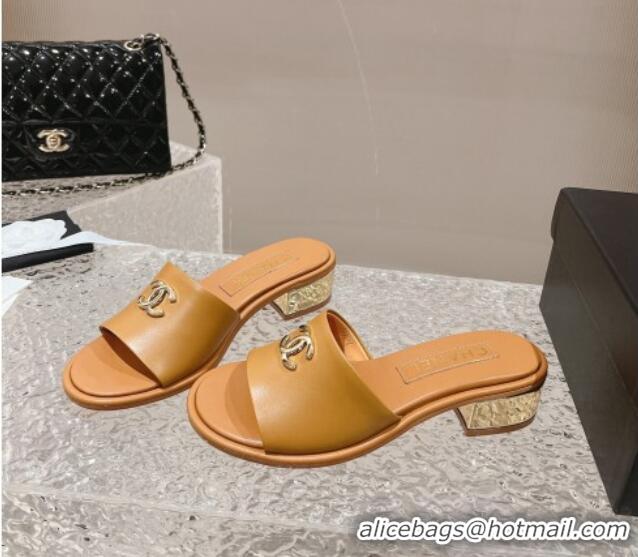 Grade Quality Chanel Lambskin Slide Sandals 5cm with Gold-Tone Heel Apricot 126093