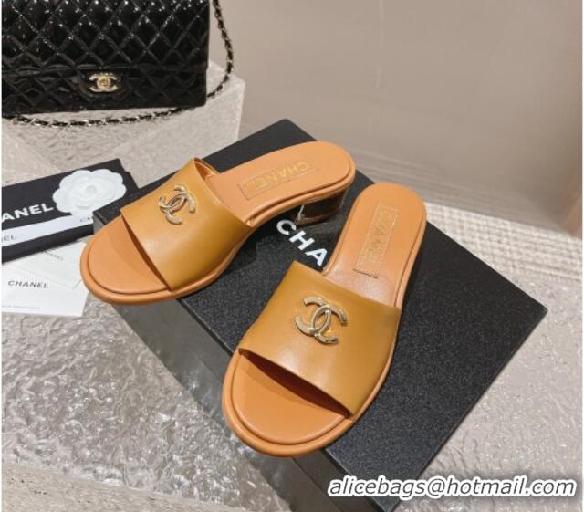 Grade Quality Chanel Lambskin Slide Sandals 5cm with Gold-Tone Heel Apricot 126093