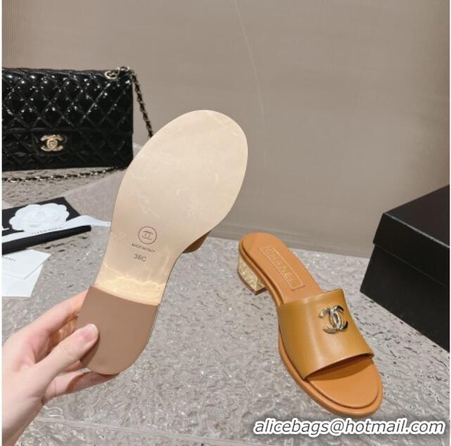 Grade Quality Chanel Lambskin Slide Sandals 5cm with Gold-Tone Heel Apricot 126093