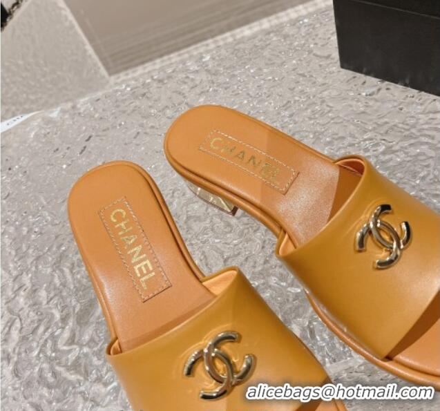 Grade Quality Chanel Lambskin Slide Sandals 5cm with Gold-Tone Heel Apricot 126093