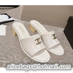 Good Product Chanel Lambskin Slide Sandals 5cm with Gold-Tone Heel White 126094