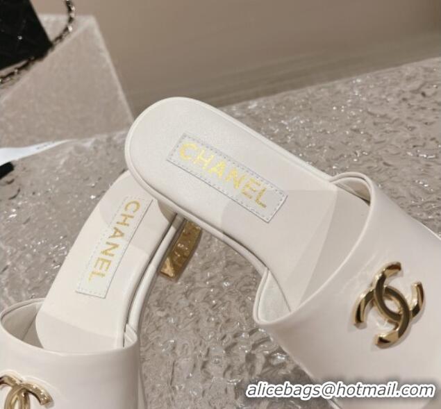 Good Product Chanel Lambskin Slide Sandals 5cm with Gold-Tone Heel White 126094