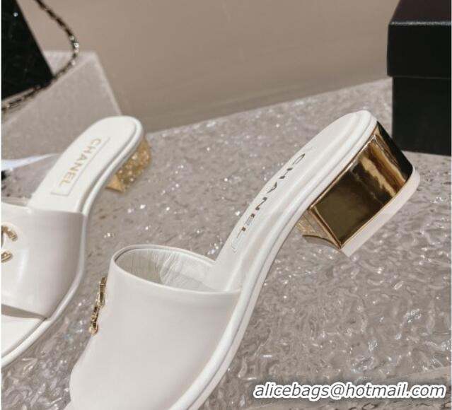 Good Product Chanel Lambskin Slide Sandals 5cm with Gold-Tone Heel White 126094