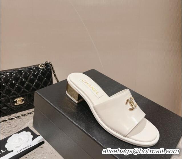 Good Product Chanel Lambskin Slide Sandals 5cm with Gold-Tone Heel White 126094