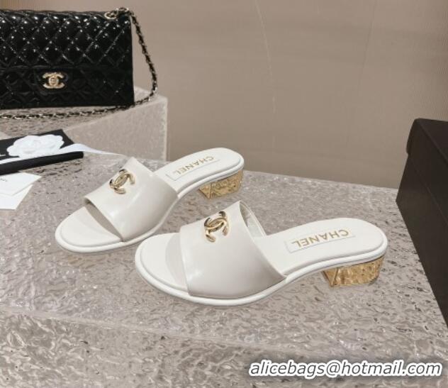 Good Product Chanel Lambskin Slide Sandals 5cm with Gold-Tone Heel White 126094