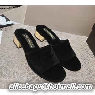 Shop Duplicate Chanel Suede Slide Sandals 5cm with Gold-Tone Heel Black 126095