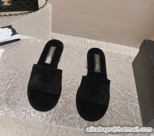 Shop Duplicate Chanel Suede Slide Sandals 5cm with Gold-Tone Heel Black 126095