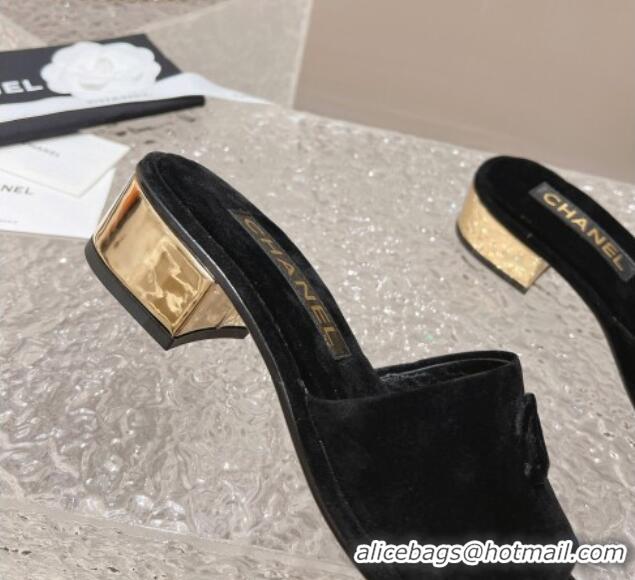 Shop Duplicate Chanel Suede Slide Sandals 5cm with Gold-Tone Heel Black 126095