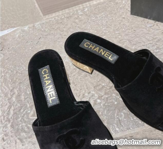 Shop Duplicate Chanel Suede Slide Sandals 5cm with Gold-Tone Heel Black 126095