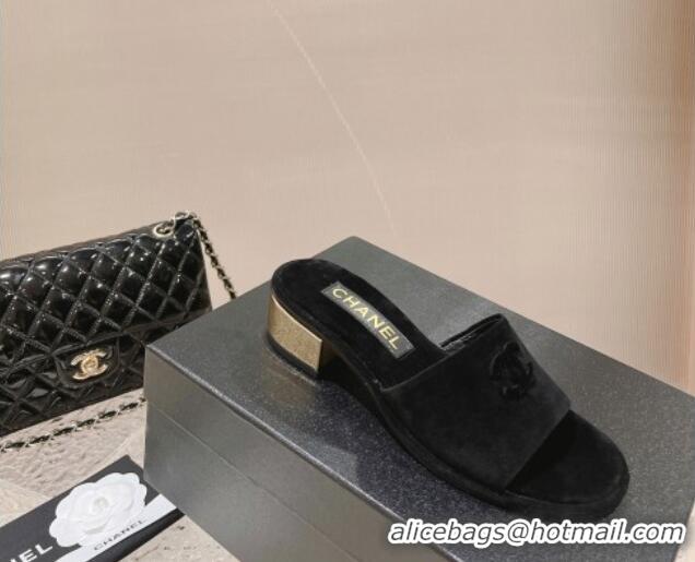 Shop Duplicate Chanel Suede Slide Sandals 5cm with Gold-Tone Heel Black 126095