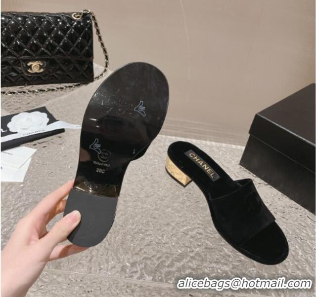 Shop Duplicate Chanel Suede Slide Sandals 5cm with Gold-Tone Heel Black 126095