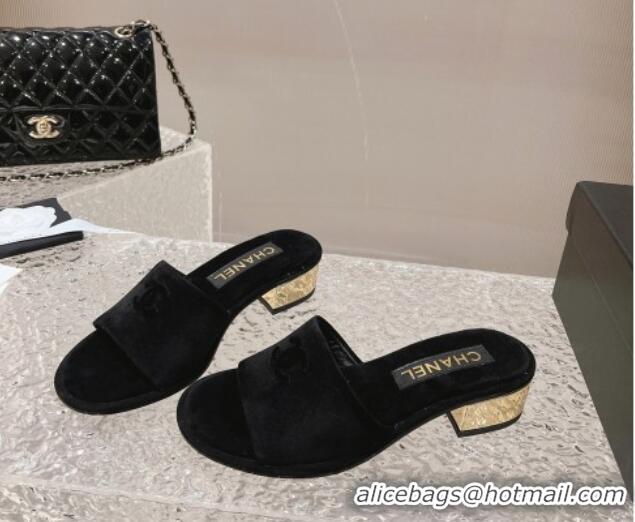 Shop Duplicate Chanel Suede Slide Sandals 5cm with Gold-Tone Heel Black 126095