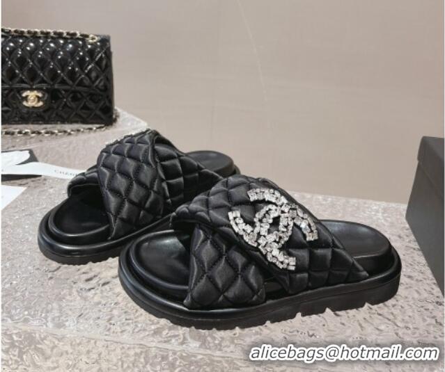 Luxury Chanel Cross Nylon Strap Slide Sandals with Crystals CC Black 0126097