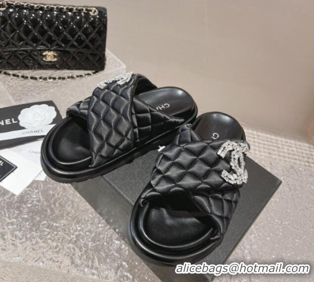 Luxury Chanel Cross Nylon Strap Slide Sandals with Crystals CC Black 0126097