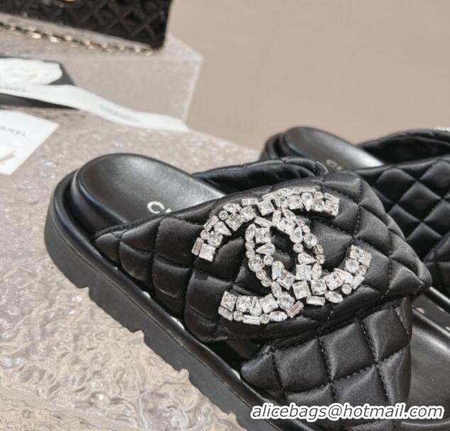 Luxury Chanel Cross Nylon Strap Slide Sandals with Crystals CC Black 0126097