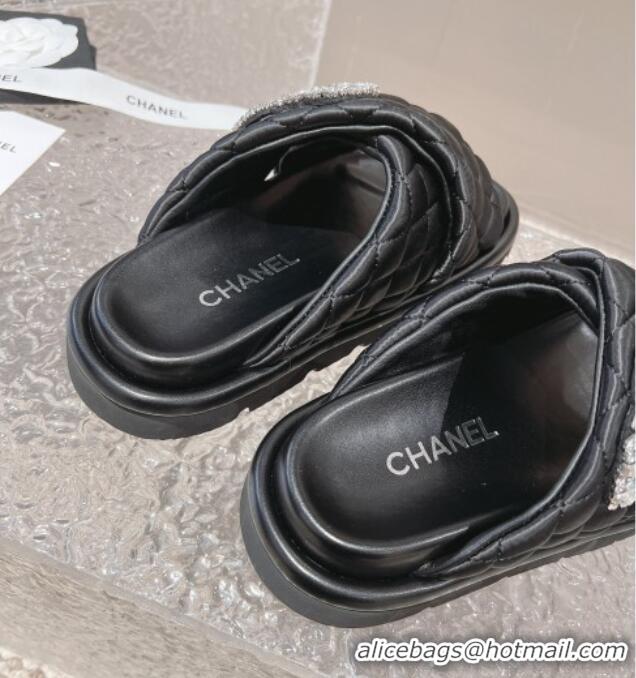 Luxury Chanel Cross Nylon Strap Slide Sandals with Crystals CC Black 0126097