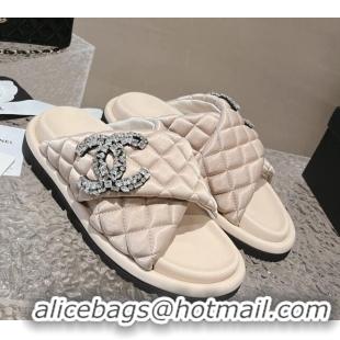 Sophisticated Chanel Cross Nylon Strap Slide Sandals with Crystals CC Nude 126098