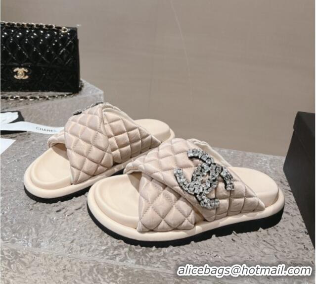 Sophisticated Chanel Cross Nylon Strap Slide Sandals with Crystals CC Nude 126098